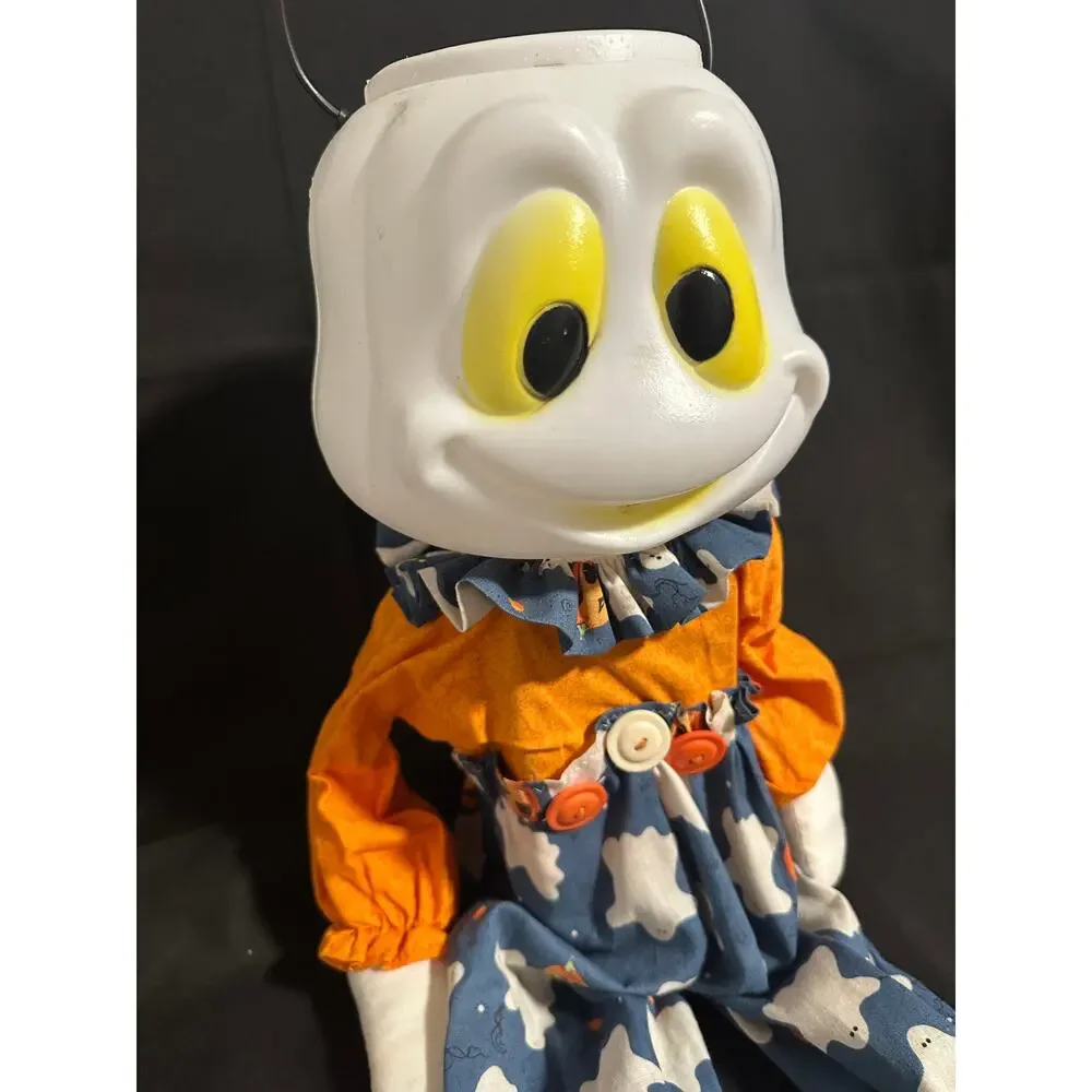 Halloween Ghost Figure Doll Wood Body Pumpkin Ghost Outfit Folk Art Decor